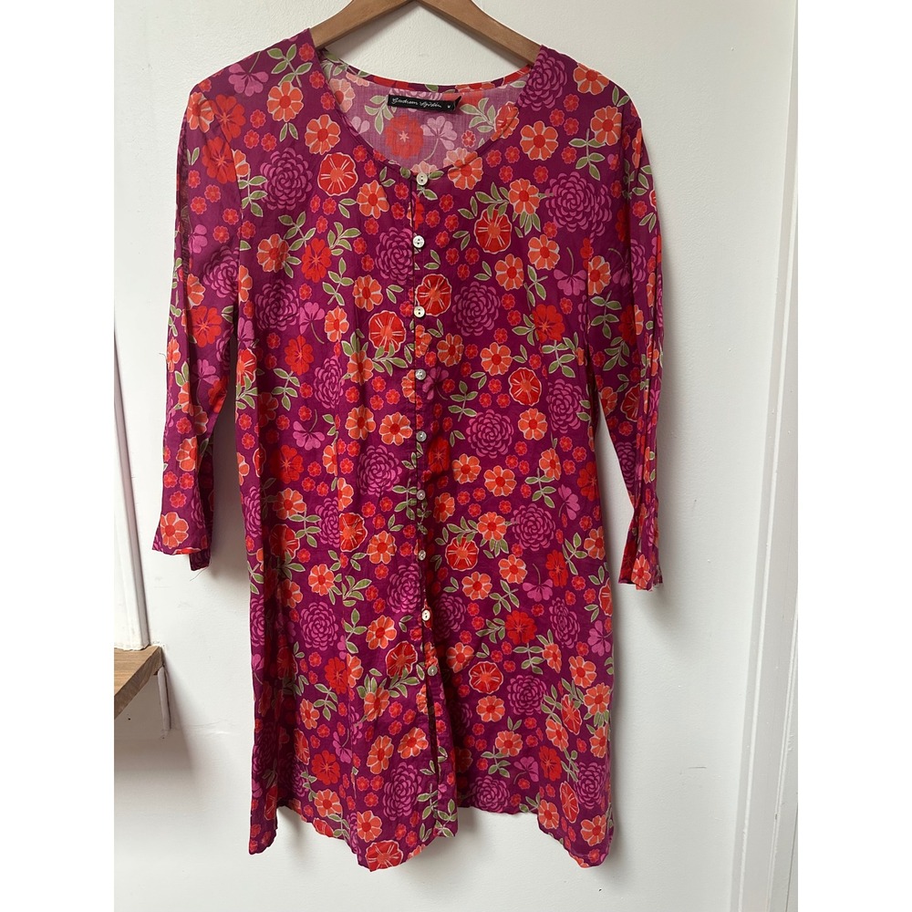 Gudrum Sjoden Organic Cotton Floral Tunic Button Down Top Purple Size M Scandi